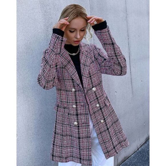 SHEIN Plaid Pattern Flap Detail Double Breasted Tweed Blazer size M or 6 - Picture 3 of 7